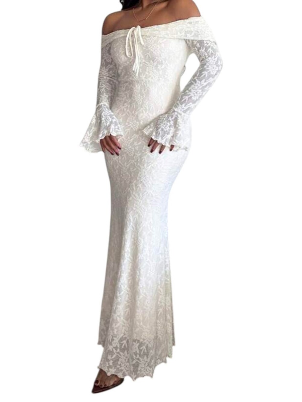 White Off-Shoulder Long Lace Maxi Dress